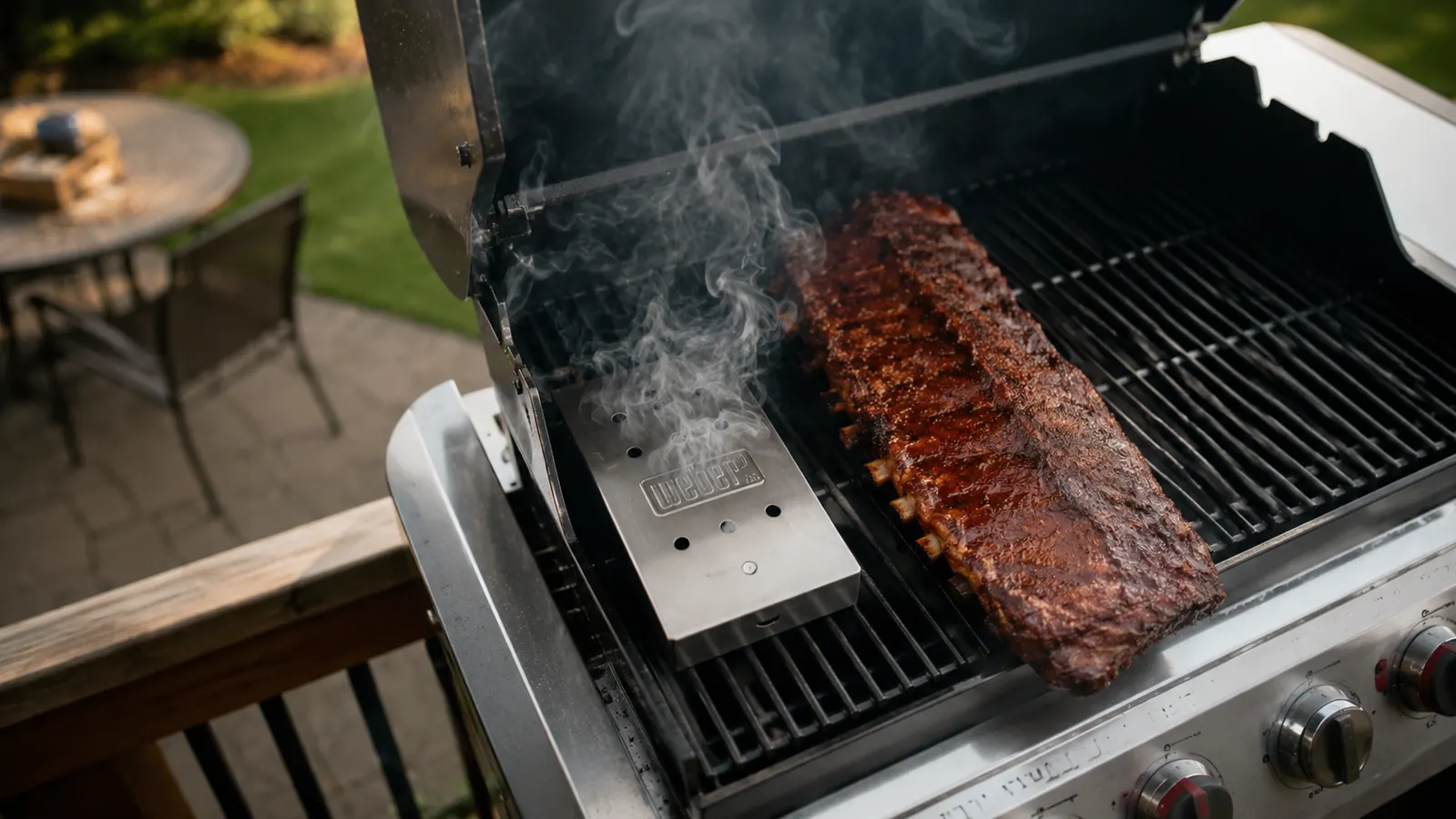 Weber stainless steel smoker box sitting on gas grill grates next to a rack of ribs, wisps of smoke rising