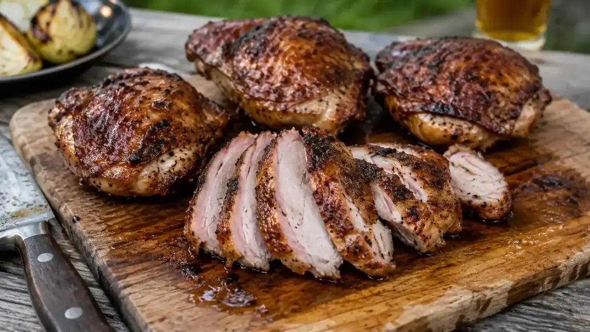 Golden-brown smoked chicken thighs resting on a cutting board with a slight pink smoke ring visible on the cut surface