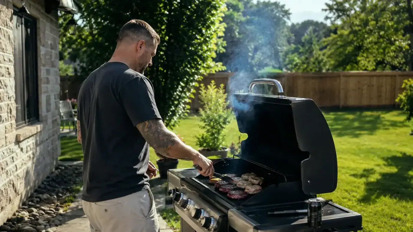 Backyard gas grill on a sunny Sunday afternoon with a column of thin blue smoke rising from the grate
