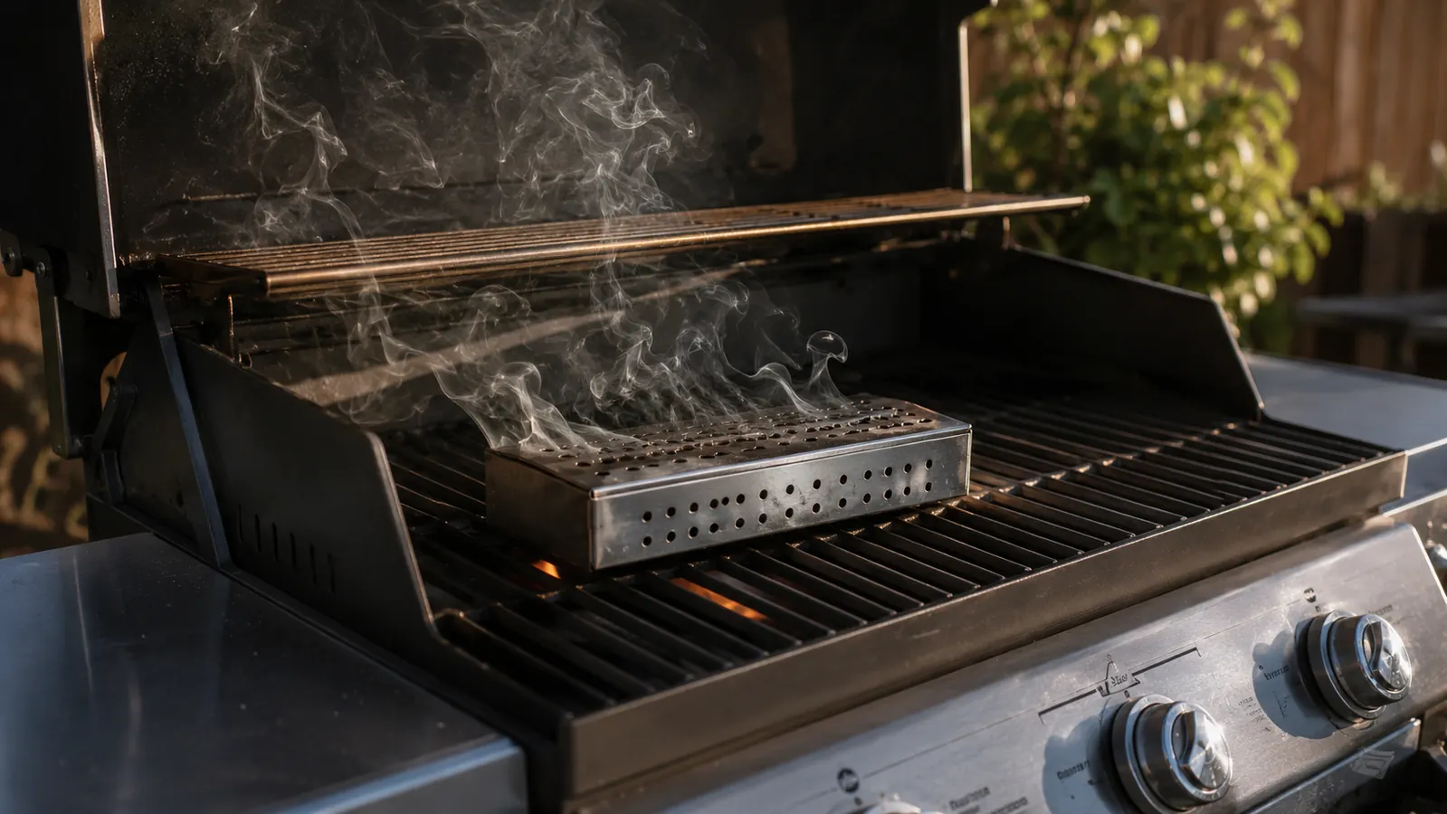 Weber stainless steel smoker box sitting on a gas grill grate with wood chips and smoke rising, suburban backyard in background